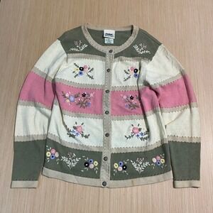 Northern Reflections Floral Embroidered Cardigan Green Pink Striped Ramie Cotton